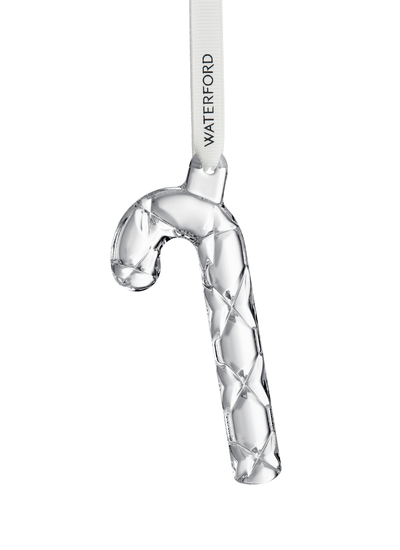 Waterford Crystal Mini Candy Cane Ornament with diamond-cut detail, finished with a white and gold satin ribbon and a metal tag, ideal for festive tree décor
